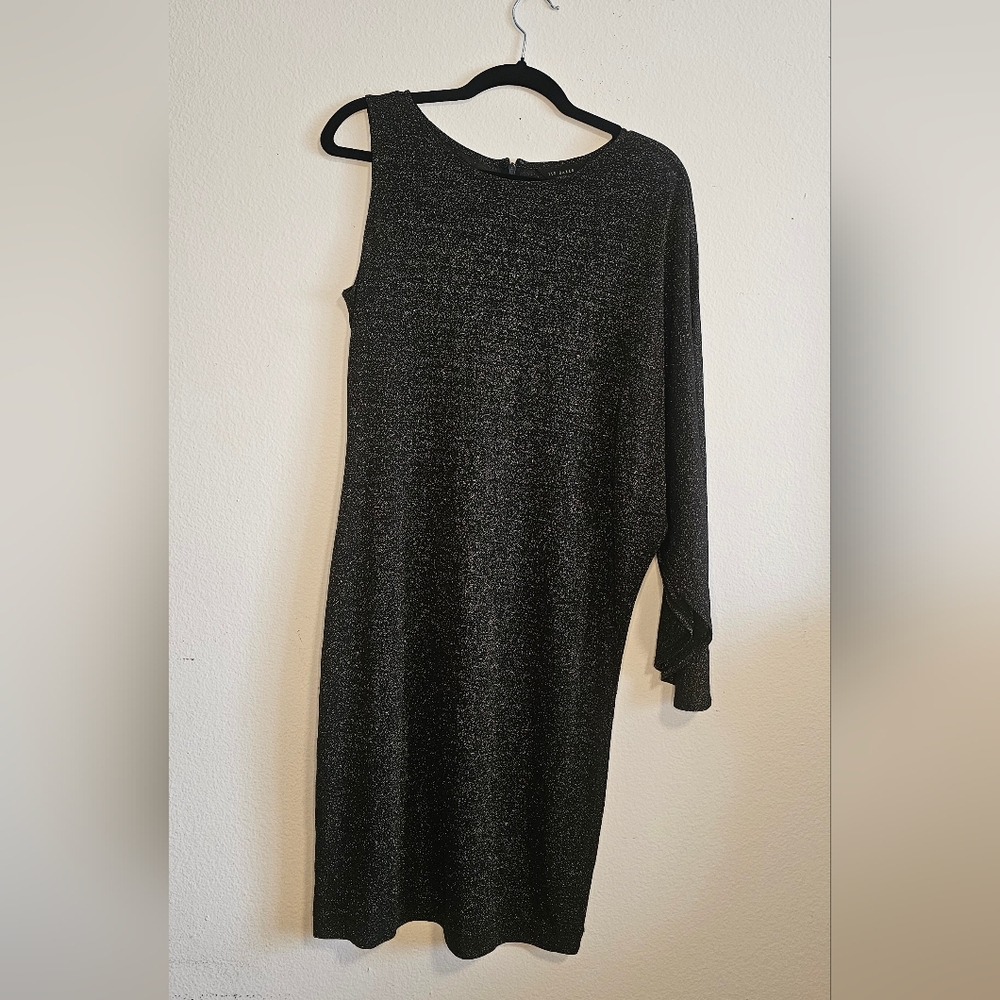 TED BAKER Elegant Blk Met. Cape Shoulder Midi Dress-3-New